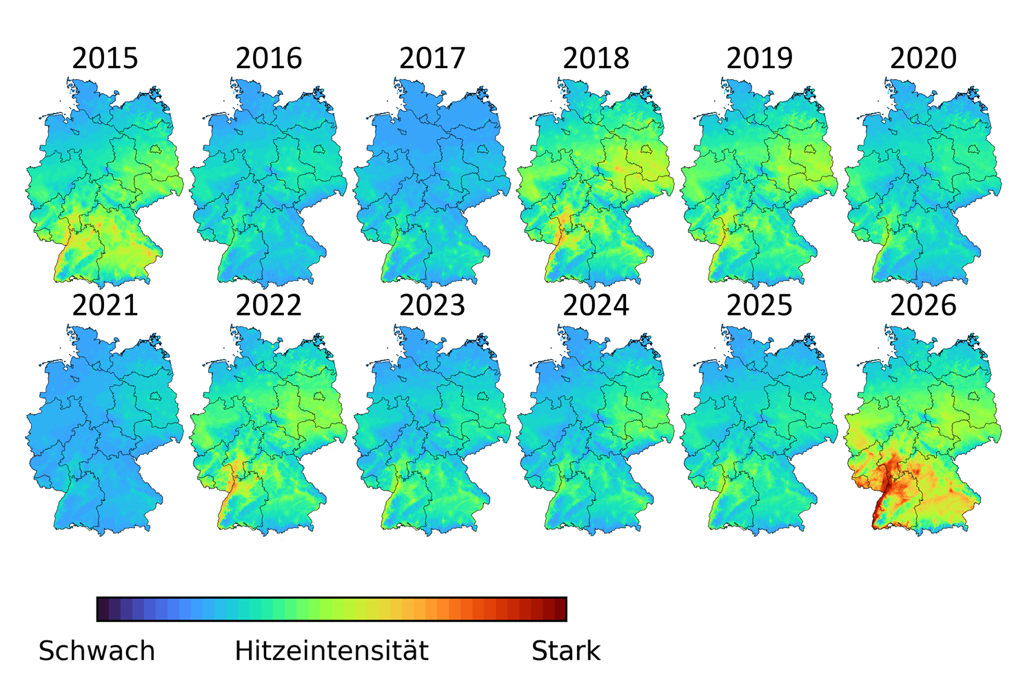 Hitzeintensit&auml;ten f&uuml;r die Jahre 2015 bis 2026.Zur Berechnung wurden nur Tage mit Maximaltemperaturen (Tmax) &uuml;ber 28&deg;C ber&uuml;cksichtigt, da dieser Schwellenwert z.B. im Gesundheitswesen verwendet wird. Quelle: UFZ; Datenquelle der Stationsdaten: DWD-CDC